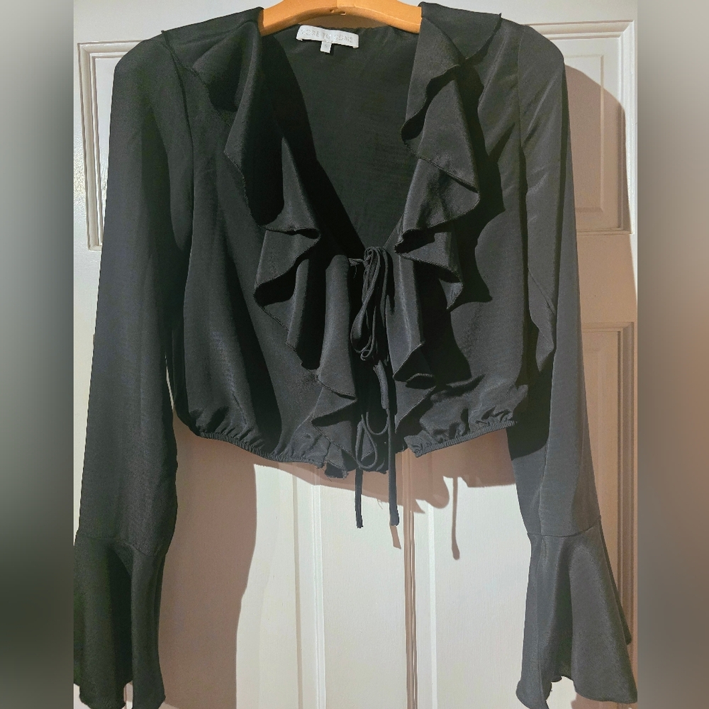 Elegant Black Ruffle Blouse With 2 Close Ties In Front Small